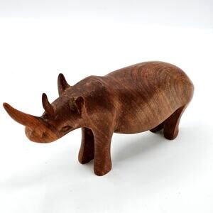 Hand Carved African Teak Wood Rhino Figurine | Vintage Wooden Rhino Decor 9x3.5